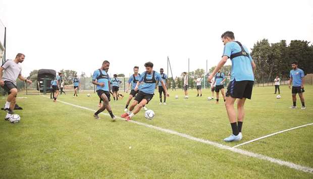 Qatar under-23 players train in Toulon, Southern France yesterday.