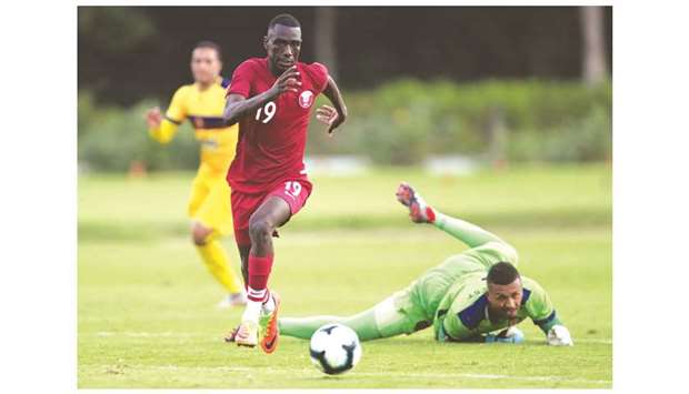 Action from the match between Qatar national team (in maroon) and Brazilian club Madureira (in yellow) in their final Copa America tune-up game in Rio de Janeiro on Sunday. Qatar scored a 2-1 win.