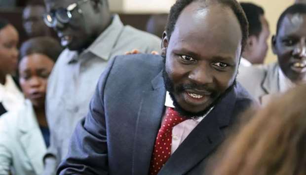 Peter Biar Ajak, the South Sudan country director for the London School of Economics International Growth Centre based in Britain, is seen inside the courtroom in Juba, South Sudan. Reuters