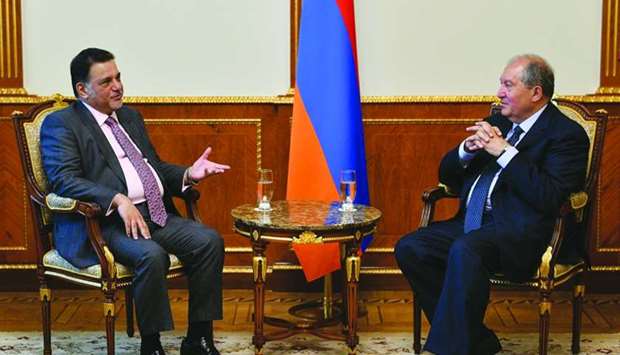 Qatar Chamber board member Mohamed bin Ahmed al-Obaidli during a meeting with Armenian President Armen Sarkissian.