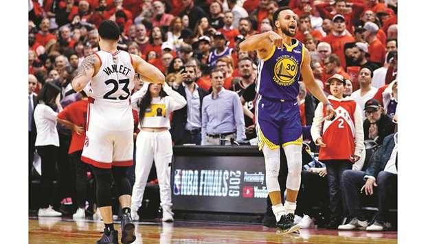 Golden State Warriors guard Stephen Curry (30) reacts after game five of the 2019 NBA Finals against the Toronto Raptors at Scotiabank Arena in Toronto on Monday.  PICTURE: Kyle Terada-USA TODAY Sports