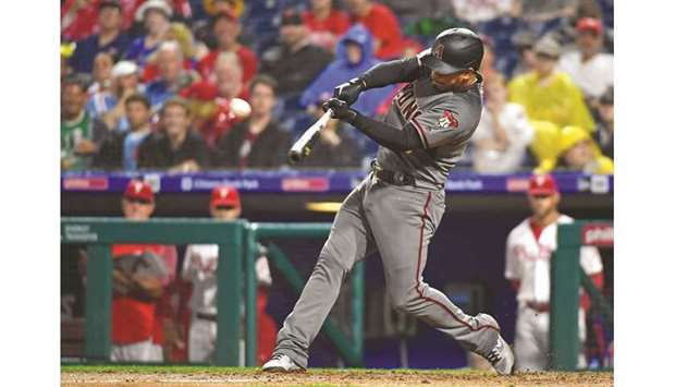 Arizona Diamondbacks third baseman Eduardo Escobar (5) hits a two-run home run during the fourth inning against the Philadelphia Phillies at Citizens Bank Park on Monday. PICTURE: Eric Hartline-USA TODAY Sports