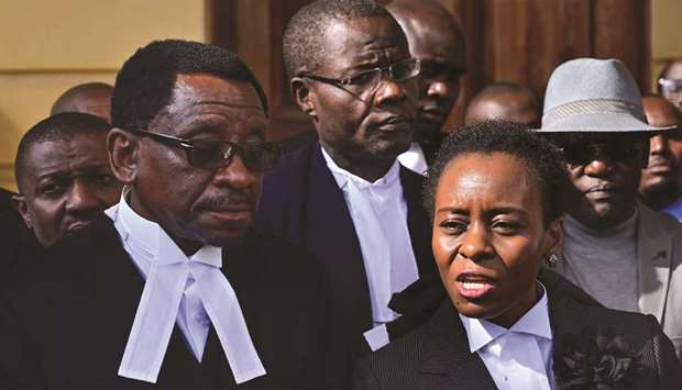 Lead counsel in the defence team of embattled Deputy Chief Justice Philomena Mwilu, James Orengo (left), and his assisting counsel, Julie Soweto, address the media in Nairobi, yesterday.