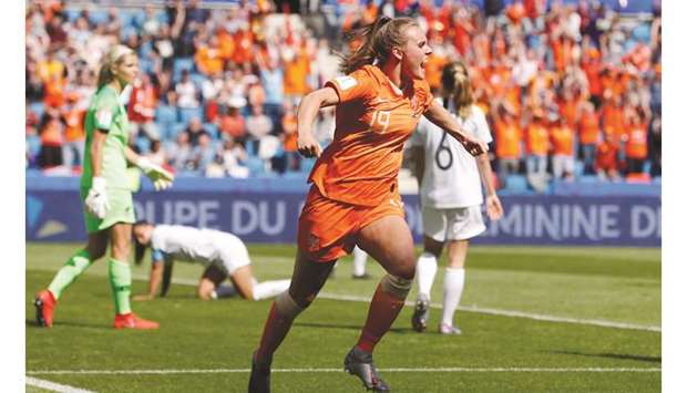 Netherlandsu2019 Jill Roord celebrates scoring against New Zealand in the Womenu2019s World Cup Group E match in Le Havre, France, yesterday. (Reuters)