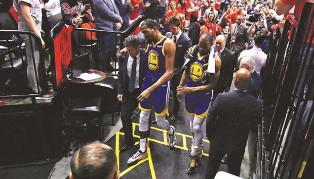 Golden State Warriorsu2019 Kevin Durant (35) walks to the locker room during the second quarter of game five of the 2019 NBA Finals against Toronto Raptors in Toronto, Canada, on Monday. (USA TODAY Sports)