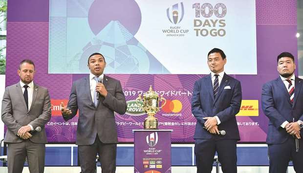 (From left) Former World Rugby Players of the Year Shane Williams of Wales, Bryan Habana of South Africa, Japanese players Ayumu Goromaru and Kensuke Hatakeyama at the 100 Day to Go Kick-Off event for the Rugby World Cup 2019 in Tokyo yesterday. (AFP)