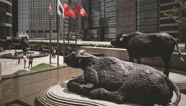 Bull statues displayed outside the stock exchange in Hong Kong. The Hang Seng closed down 1.7% to 27,308.46 points yesterday.