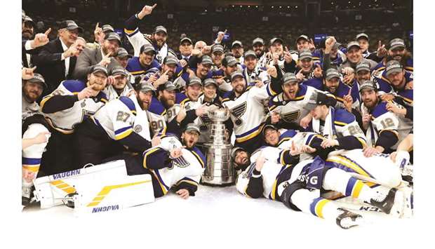 St. Louis Blues players celebrate after defeating the Boston Bruins in Game Seven to win the 2019 NHL Stanley Cup in Boston on Wednesday night. (AFP)
