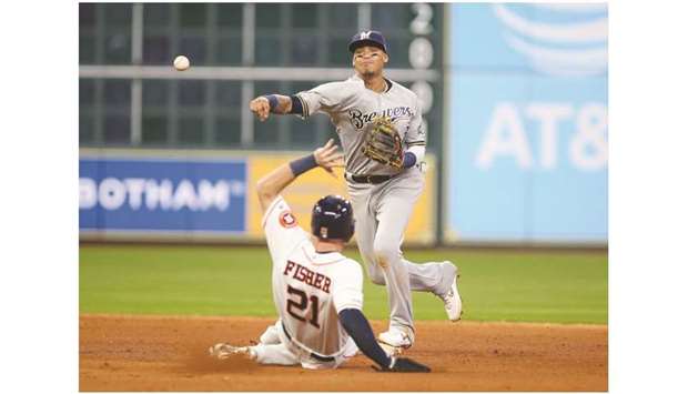 Houston Astrosu2019 Derek Fisher is out as Milwaukee Brewersu2019 Orlando Arcia (right) throws to first base to complete a double play during the tenth inning in Houston on Wednesday. (USA TODAY Sports)