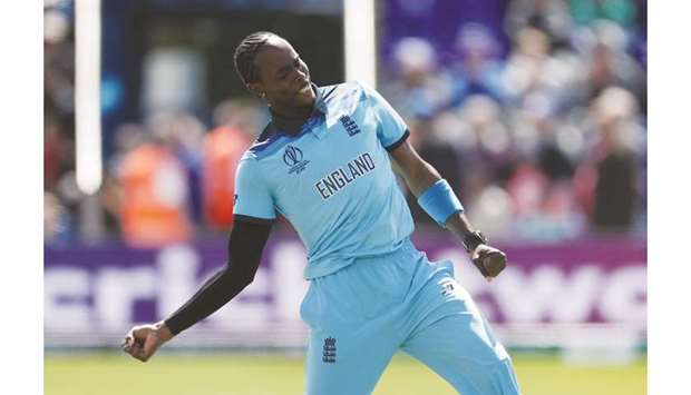 In this June 8, 2019, picture, Englandu2019s Jofra Archer celebrates taking the wicket of Bangladeshu2019s Soumya Sarkar during the ICC World Cup match in Cardiff. (Reuters)