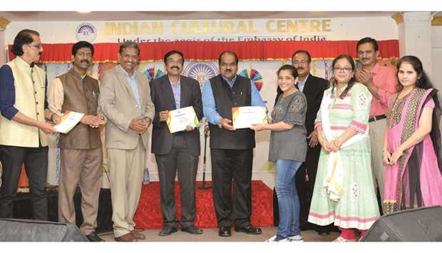AWARDS: Officials seen awarding artists and participants with certificates. Skills Development Center was awarded an appreciation plaque by the managing committee members of ICC. Photos by Thajudheen