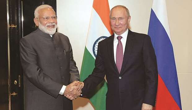 Russian President Vladimir Putin meets with Prime Minister Narendra Modi on the sidelines of the Shanghai Co-operation Organisation (SCO) summit in Bishkek yesterday. Modi will visit Russia in early September to be chief guest at the Eastern Economic Forum meeting and will also hold discussions with President Vladimir Putin as part of the India-Russia annual bilateral summit.