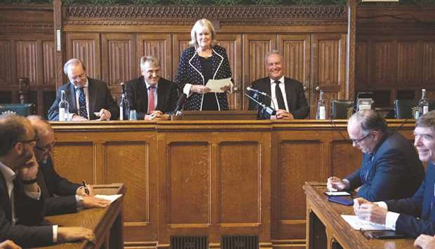Conservative MPu2019s Cheryl Gillan (centre), Geoffrey Clifton-Brown (left), Charles Walker (second left) and Bob Blackman (right) read out the results of the first ballot in the Tory leadership ballot at the Houses of Parliament in London yesterday.