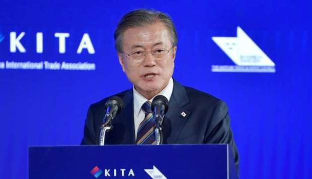 South Korea's President Moon Jae-in gives a speech at the Sweden-Korea Business Summit in Stockholm, Sweden. Reuters