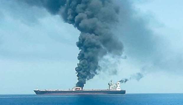 An oil tanker is seen after the explosion at the Gulf of Oman