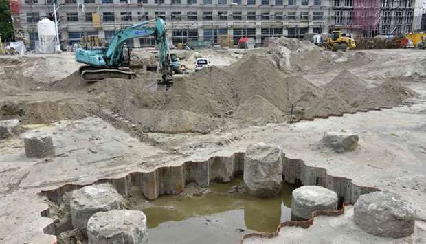 General view of the construction site close to Berlin's Alexanderplatz where a 100 kg World War II bomb was discovered