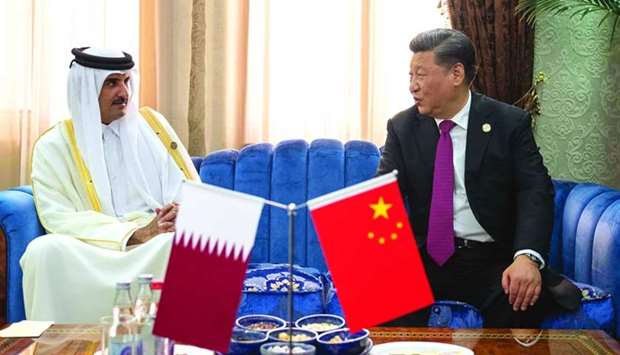 His Highness the Amir Sheikh Tamim bin Hamad al-Thani meets with Chinese President Xi Jinping