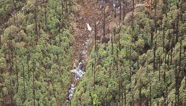 This handout photo released by the Indian Air Force (IAF) shows the wreckage of the AN-32 aircraft, about 16km north of Lipo in Arunachal Pradesh.