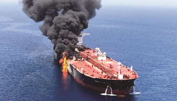 An oil tanker is seen after it was attacked at the Gulf of Oman last Thursday. The oil market took last weeku2019s attacks on tankers, which follow several similar incidents in the same area last month, with relative calm.