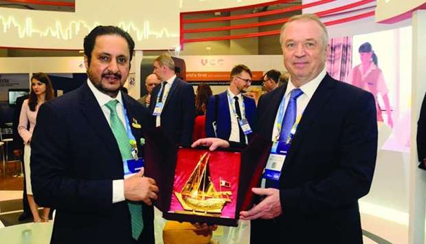 Qatar Chamber chairman Sheikh Khalifa bin Jassim al-Thani handing over a token of recognition to Russian Federation Chamber of Commerce and Industry chairman Sergei Katerin on the sidelines of the International Chamber of Commerce 11th World Chambers Congress held recently at the Windsor Expo Convention Centre in Rio de Janeiro in Brazil.