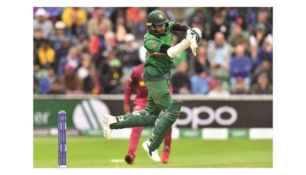Bangladeshu2019s Shakib Al Hasan plays a shot during the 2019 ICC Cricket World Cup match against West Indies in Taunton yesterday. (AFP)