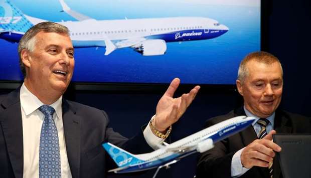 Boeing Commercial Airplanes CEO Kevin McAllister and International Airlines Group CEO Willie Walsh attend the Boeing 737 MAX 8 commercial announcement during the 53rd International Paris Air Show at Le Bourget Airport near Paris