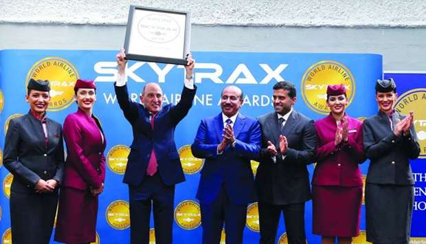 Qatar Airways Group Chief Executive HE Akbar al-Baker shows off an award plaque. Qatar Airways has won four prestigious awards at the u20182019 Skytrax World Airline Awardsu2019, including the coveted 'Best Airline of the Year' for a record fifth time.