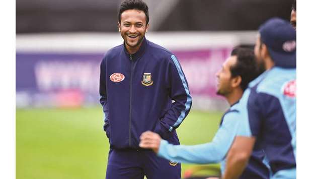 Bangladeshu2019s player Shakib Al Hasan smiles during a training session in Taunton, United Kingdom, on Sunday. (AFP)