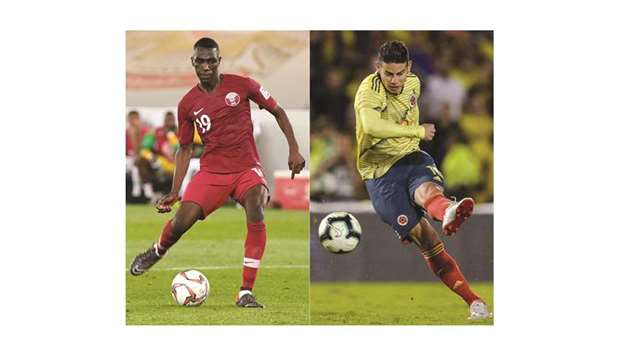 This combination of pictures shows Qatar forward Almoez Ali (L) during the 2019 AFC Asian Cup group E football match between Saudi Arabia and Qatar at the Zayed Sports City Stadium in Abu Dhabi on January 17 and Colombiau2019s James Rodriguez during the international friendly football match at the Nemesio Camacho stadium in Bogota, on June 3. They will be the ones to watch as Qatar and Colombia clash in the Copa America tonight.