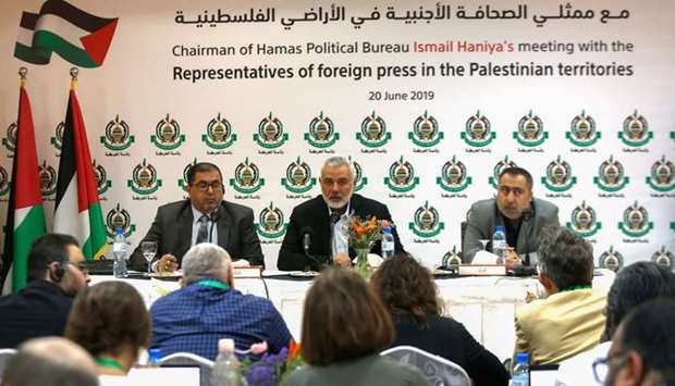 Hamas leader in Gaza Ismail Haniya speaks during a meeting with Foreign press correspondents, in Gaza City