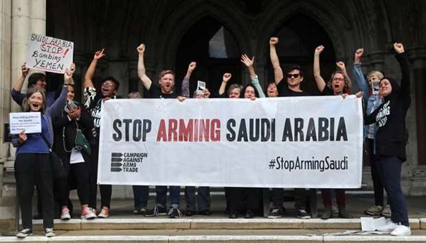 Demonstrators react outside the Court of Appeal after the result in the court case regarding the judgment of a legal battle by campaigners to challenge the UK governmentu2019s decision to grant licences for the export of arms to Saudi Arabia in London, Britain