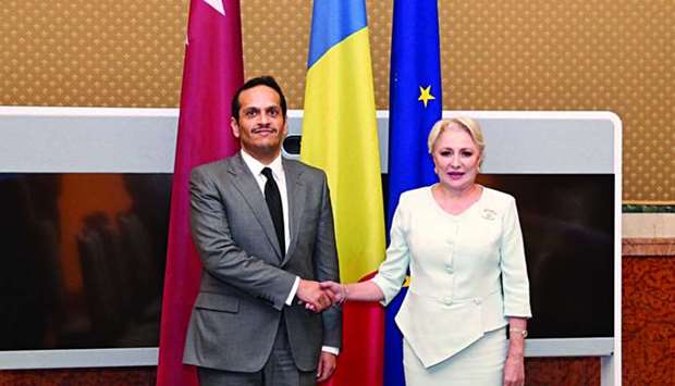 HE the Deputy Prime Minister and Minister of Foreign Affairs Sheikh Mohamed bin Abdulrahman al-Thani, with the Prime Minister of Romania, Viorica Dancila, in Bucharest.