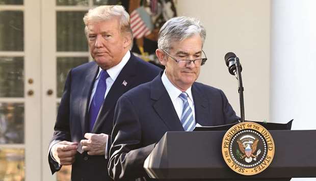 Jerome Powell, chairman of the US Federal Reserve, speaking while President Donald Trump listens during an announcement in the Rose Garden of the White House in Washington, DC (file). In Trumpu2019s line of thinking, he could demote Powell to be a board governor, but isnu2019t planning to do so right now, sources said.