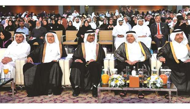 (From right) HE the Minister of Administrative Development, Labour and Social Affairs Yousuf bin Mohamed al-Othman Fakhro; HE the Minister of Education and Higher Education Dr Mohamed Abdul Wahed Ali al-Hammadi; and former minister of Energy and Industry and Chair of the CNA-Q Board of Trustees HE Dr Mohamed bin Saleh al-Sada at the CNA-Qu2019s 15th graduation ceremony.