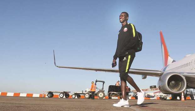 Almoez Ali and other members of the Qatar team pictured on arrival in Porto Alegre, Brazil, ahead of their match against Argentina tomorrow.
