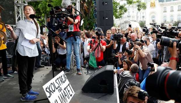 Greta Thunberg speaks during a demonstration calling for action on climate change, during the ,Fridays for Future, school strike in Vienna