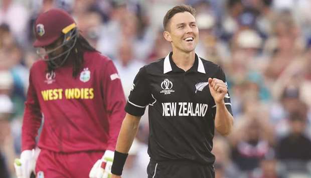 New Zealandu2019s Trent Boult celebrates taking the wicket of West Indiesu2019 Shai Hope (not pictured) during the ICC Cricket World Cup match at Old Trafford in Manchester, United Kingdom, yesterday. (Reuters)