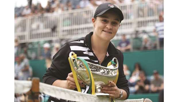 Australiau2019s Ashleigh Barty with the trophy after beating Germanyu2019s Julia Goerges in the Birmingham final.