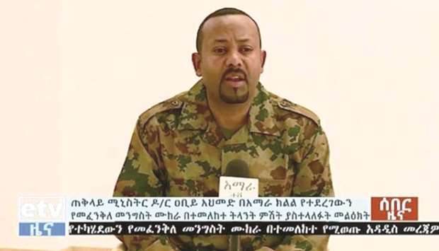Ethiopiau2019s Prime Minister Abiy Ahmed addresses the public on television yesterday after a failed coup.