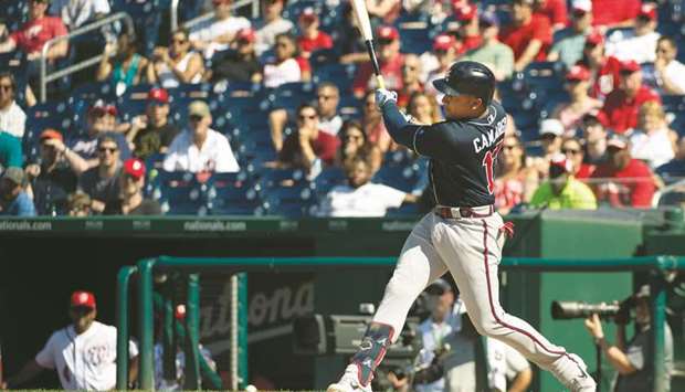 Atlanta Braves third baseman Johan Camargo hits a two-run home run against the Washington Nationals on Sunday night. (USA TODAY Sports)