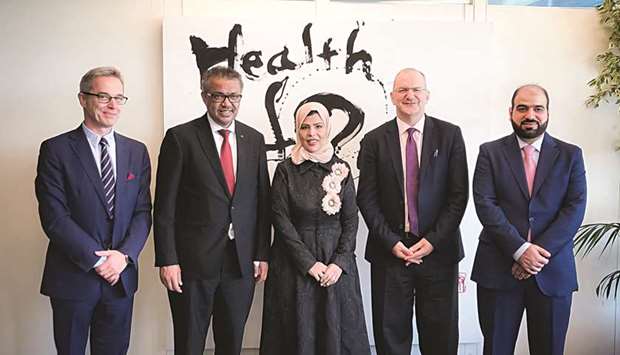 Silatech CEO Sabah al-Haidoos with WHO Director-General Dr Tedros Adhanom Ghebreyesus and other officials at WHO headquarters in Geneva.