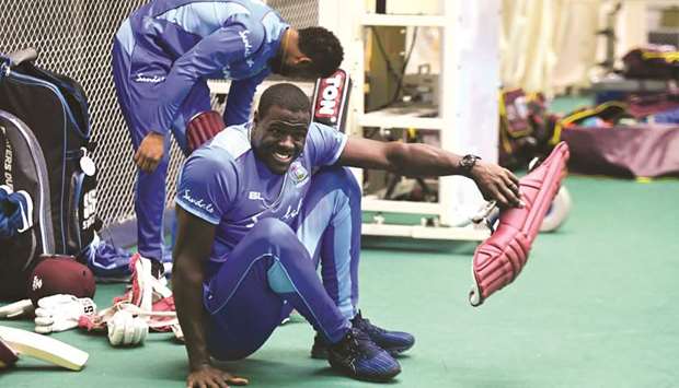 West Indiesu2019 Carlos Brathwaite attends a training session in Manchester yesterday. A maiden century from the all-rounder meant that they got close to the target against New Zealand on Saturday. (AFP)