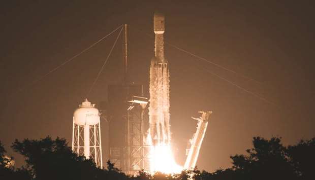 A SpaceX photo released by Nasa of the SpaceX Falcon Heavy rocket lifting off from Launch Complex 39A at Nasau2019s Kennedy Space Center in Florida.
