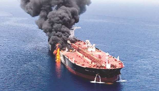 An oil tanker is seen after it was attacked at the Gulf of Oman on June 13.