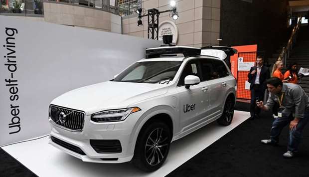 An Uber self-driving Volvo is on exhibit at the Uber Elevate Summit 2019 in Washington, DC on June 12, 2019