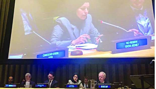 HE the Permanent Representative of Qatar to the UN Ambassador, Sheikha Alya Ahmed bin Saif al-Thani, presiding over the conference on behalf of the President of the 73rd Session of the UN General Assembly Maria Fernanda Espinosa.