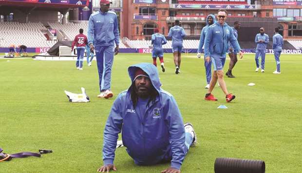 West Indiesu2019 Chris Gayle attends a training session at Old Trafford in Manchester, United Kingdom, yesterday. (AFP)