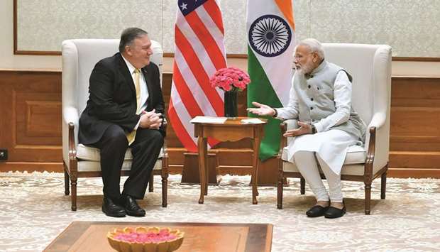 US Secretary of State Mike Pompeo talks with Prime Minister Narendra Modi at the prime ministeru2019s residence in New Delhi.