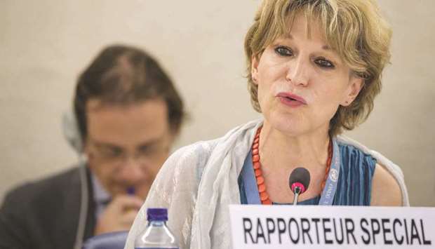 United Nations (UN) special rapporteur on extrajudicial, summary or arbitrary executions Agnes Callamard delivers her report of the killing of Saudi journalist Jamal Khashoggi during the United Nations Human Rights Council in Geneva, yesterday.