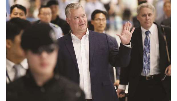 US Special Representative for North Korea Stephen Biegun (centre) arrives at Incheon airport, yesterday.